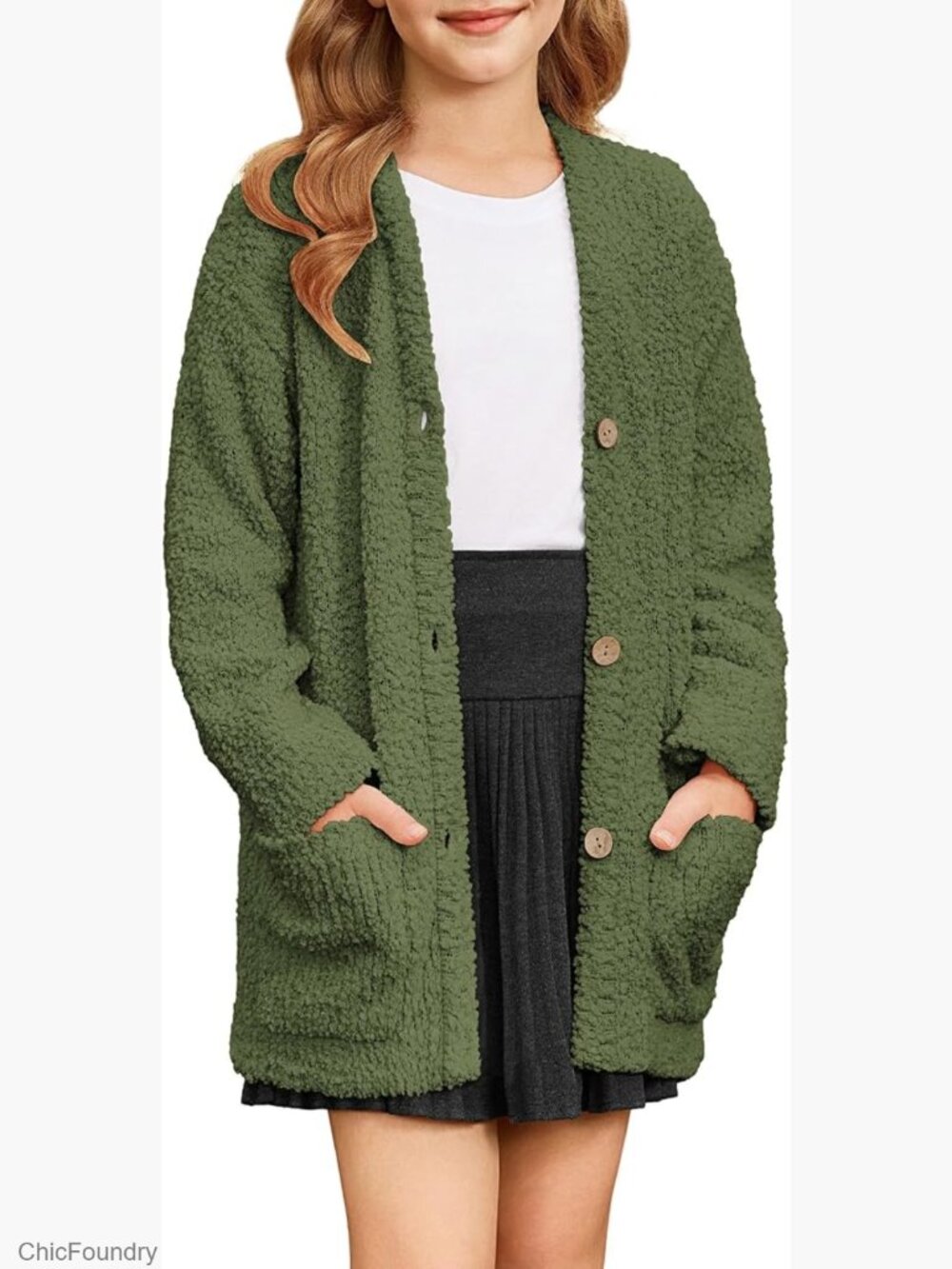 Girls Chunky Popcorn Knit Cardigan Long Sleeve Open Front with Pockets